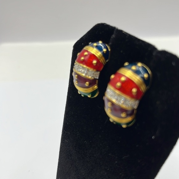 Joan Rivers Gold Tone Blue Red Maroon Green Enamel Pierced Earrings Rhinestones - Picture 4 of 8